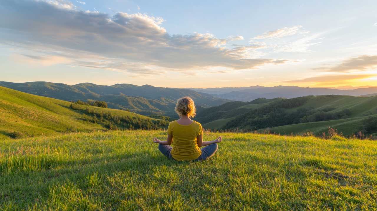 woman meditating on hill at sunset peaceful nature landscape (Person stock photos by Vecteezy.com)